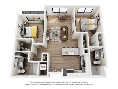 Floor plan for 2 beds, 2 baths, 1029 sqft